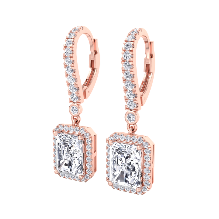 Radiant emerald cut halo diamond earrings in sustainable gold
