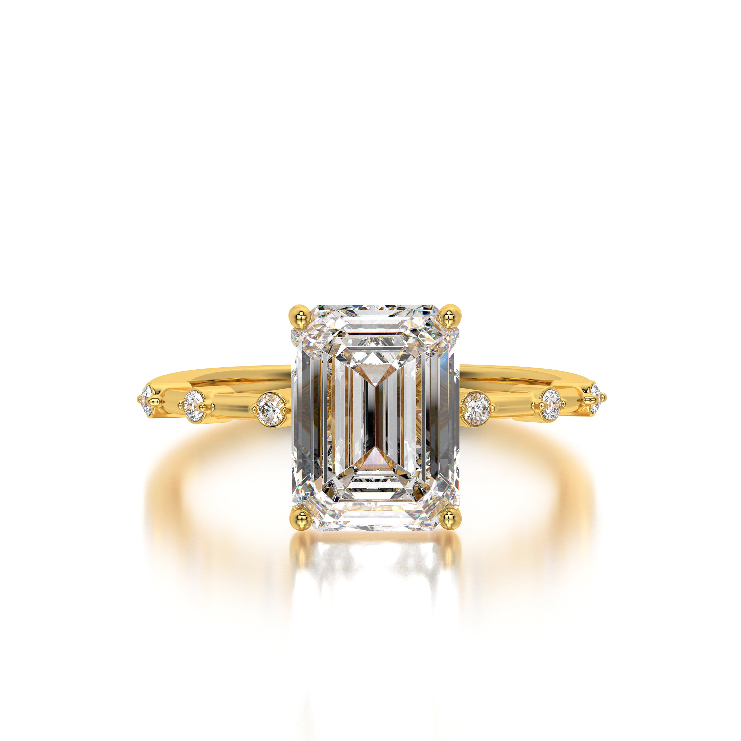 Side profile image of the modern white gold band with geometric settings. Lifestyle shot of the ring worn for an elegant, minimalist bridal look. Artistic macro capturing brilliance and craftsmanship — a hallmark of EVA GEMS luxury jewelry.