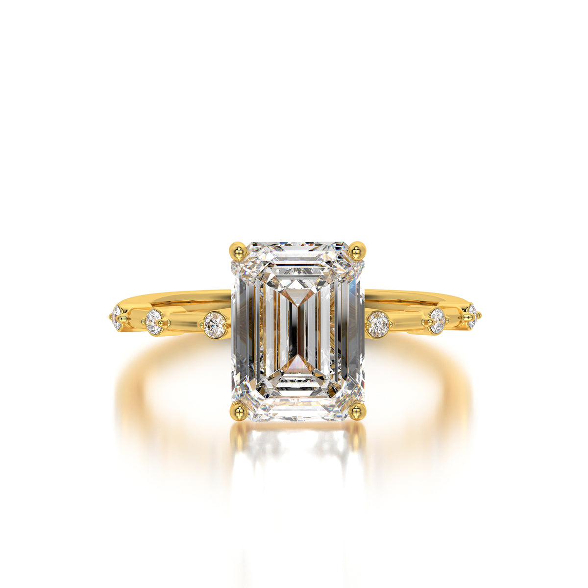 Side profile image of the modern white gold band with geometric settings. Lifestyle shot of the ring worn for an elegant, minimalist bridal look. Artistic macro capturing brilliance and craftsmanship — a hallmark of EVA GEMS luxury jewelry.