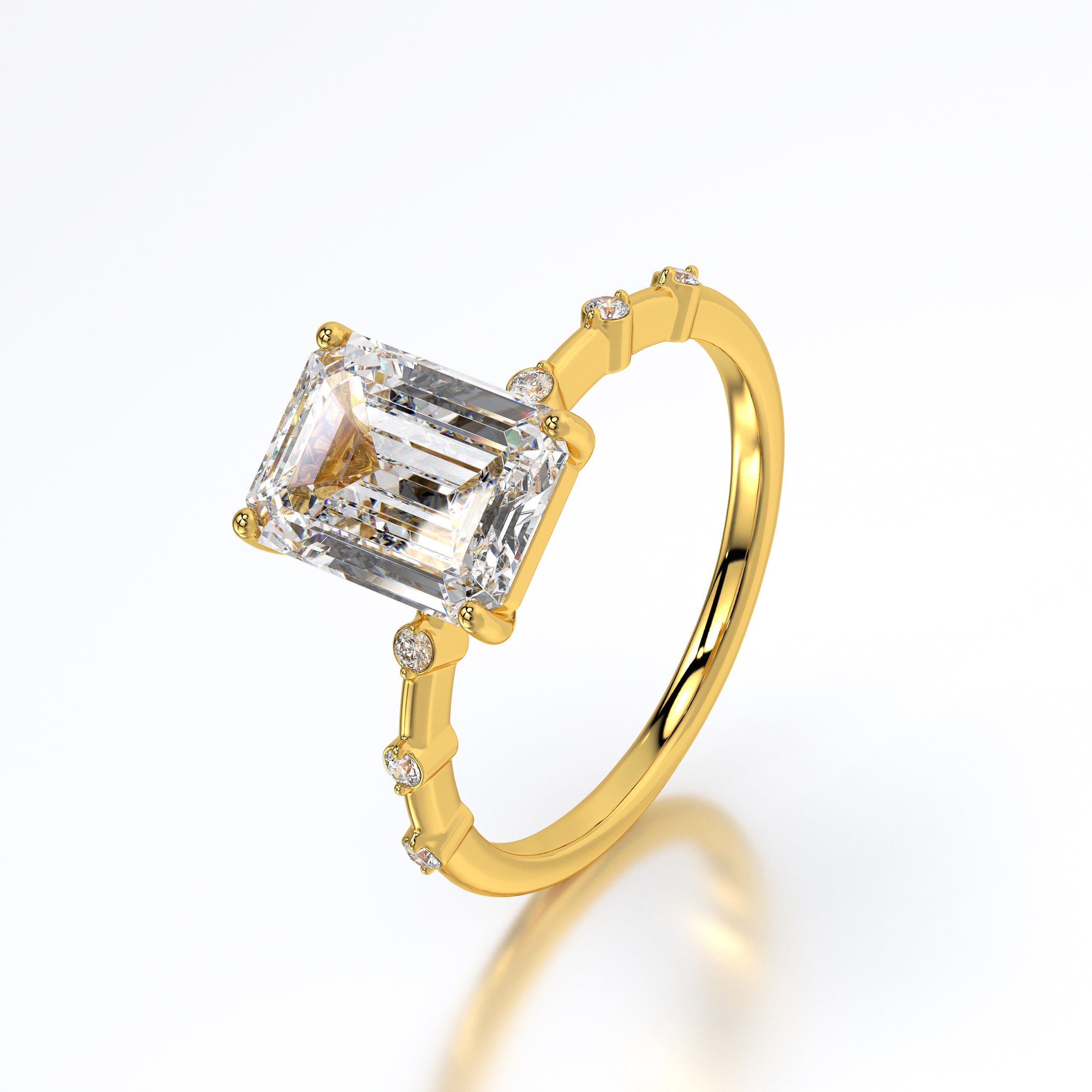 Close-up showing the VVS2 clarity and E color of the center stone, framed by bezel-set side diamonds.