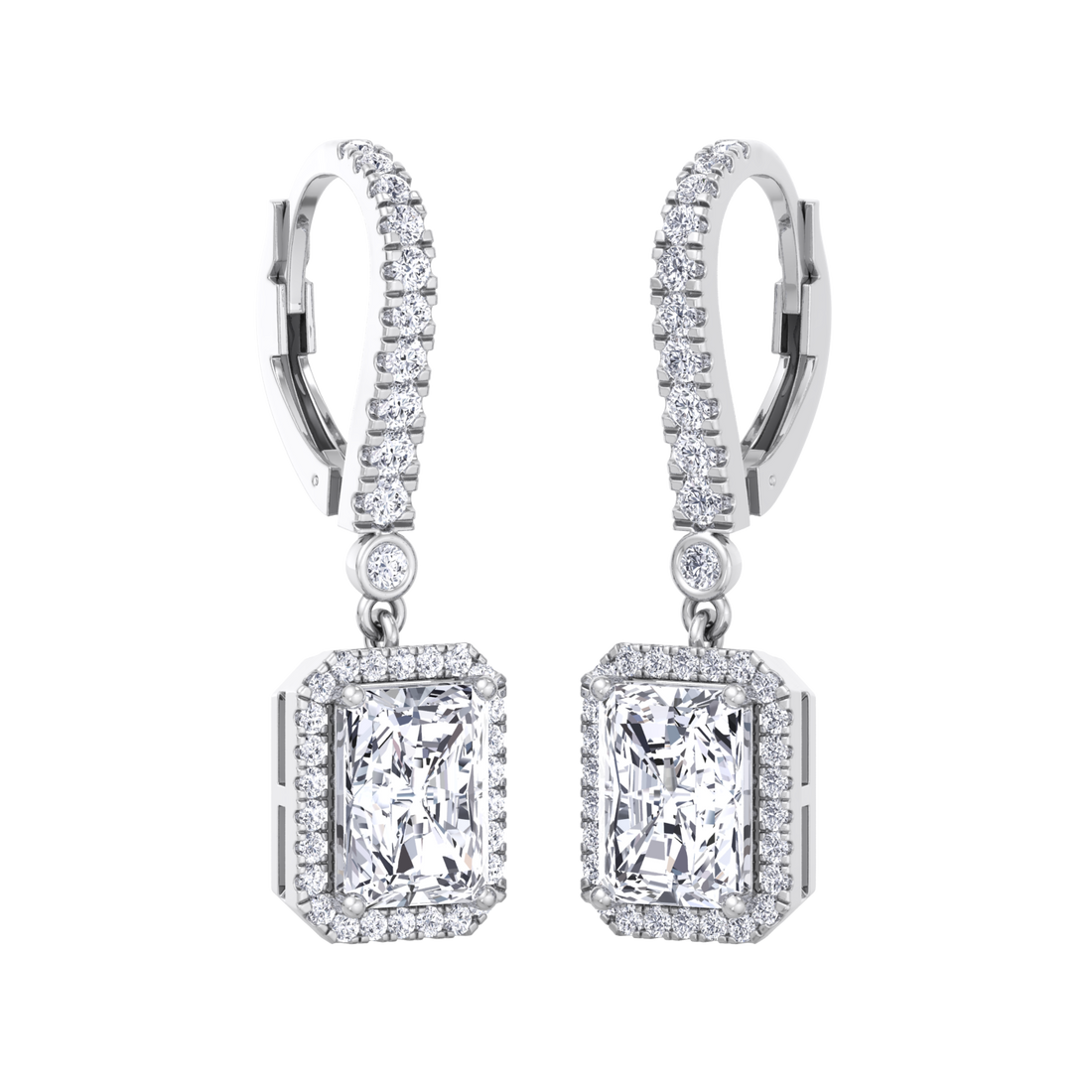 Emerald cut diamond earrings in 18 karat gold hoops
