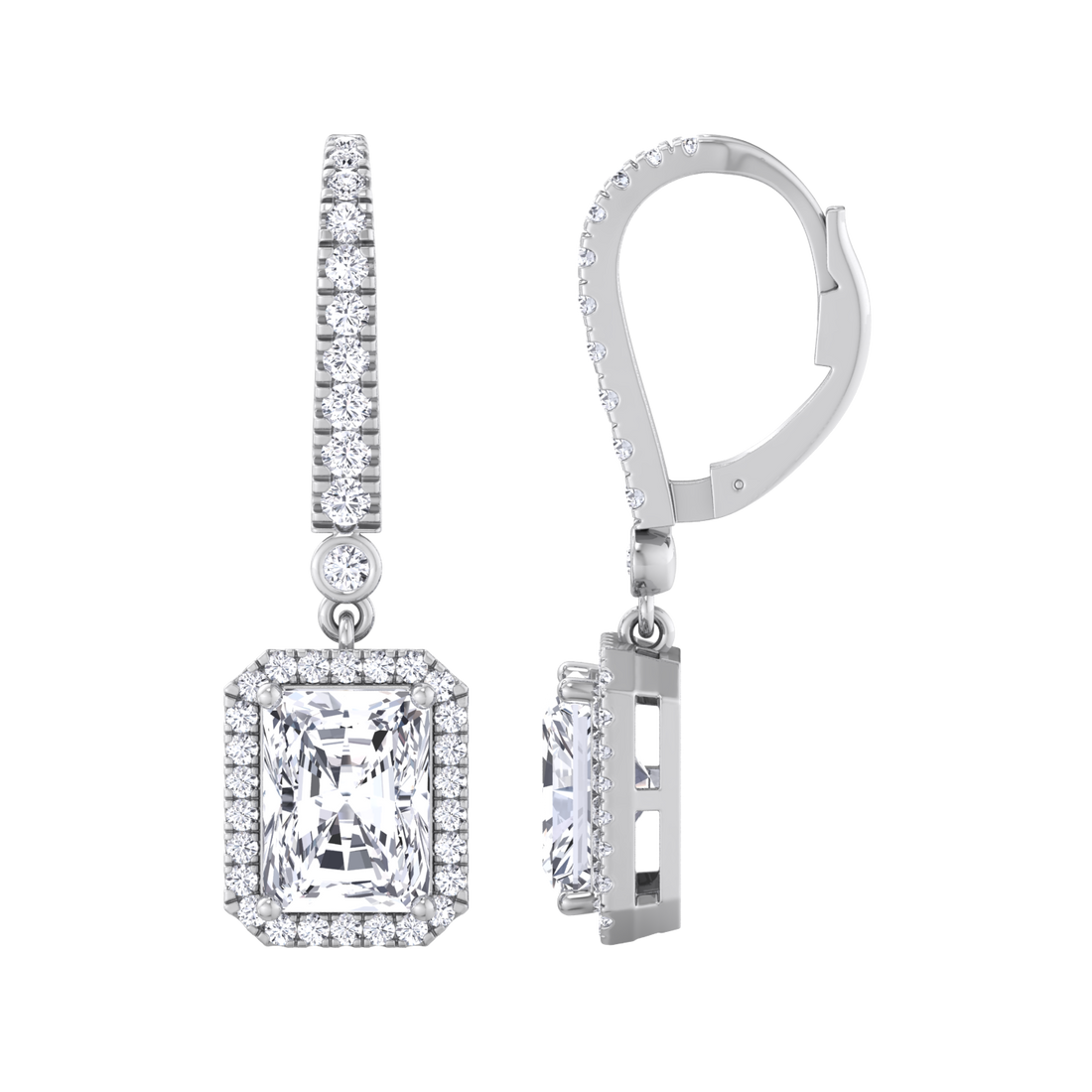 Lab grown diamond halo hoop earrings with emerald cut design
