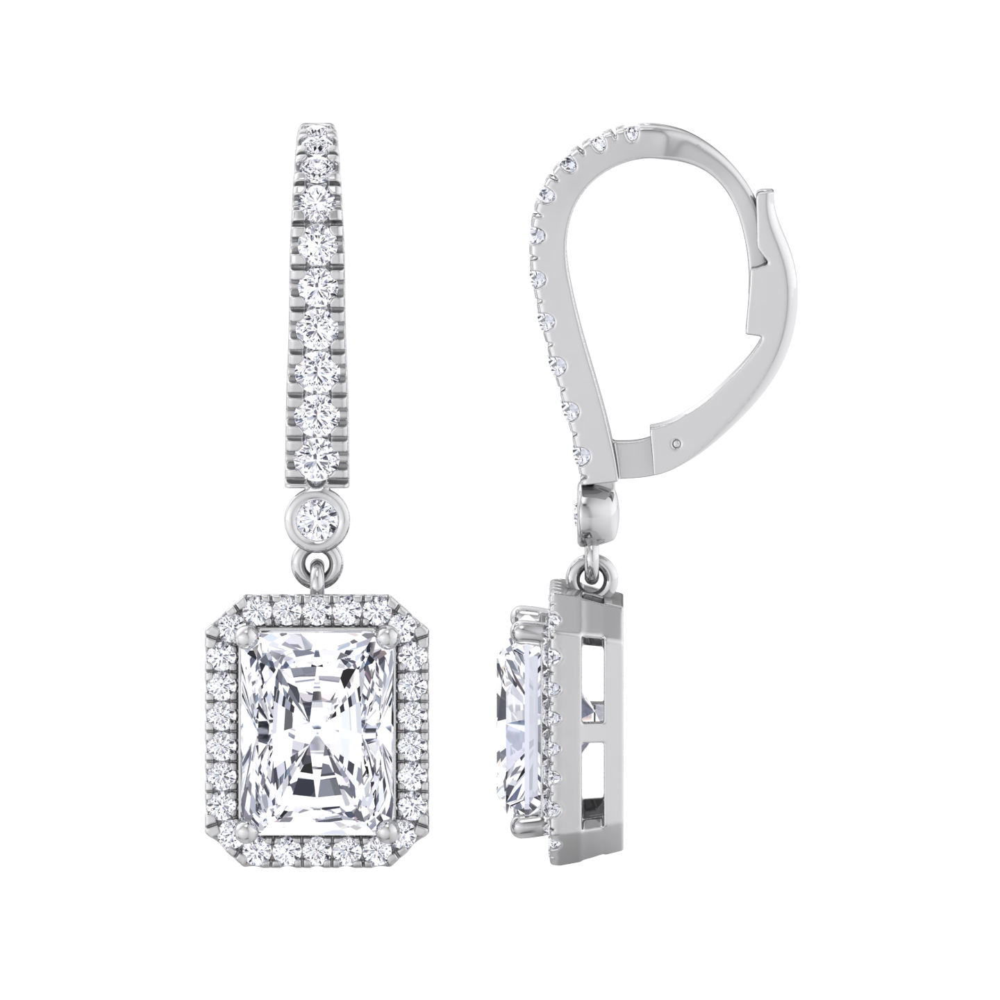 Lab grown diamond halo hoop earrings with emerald cut design
