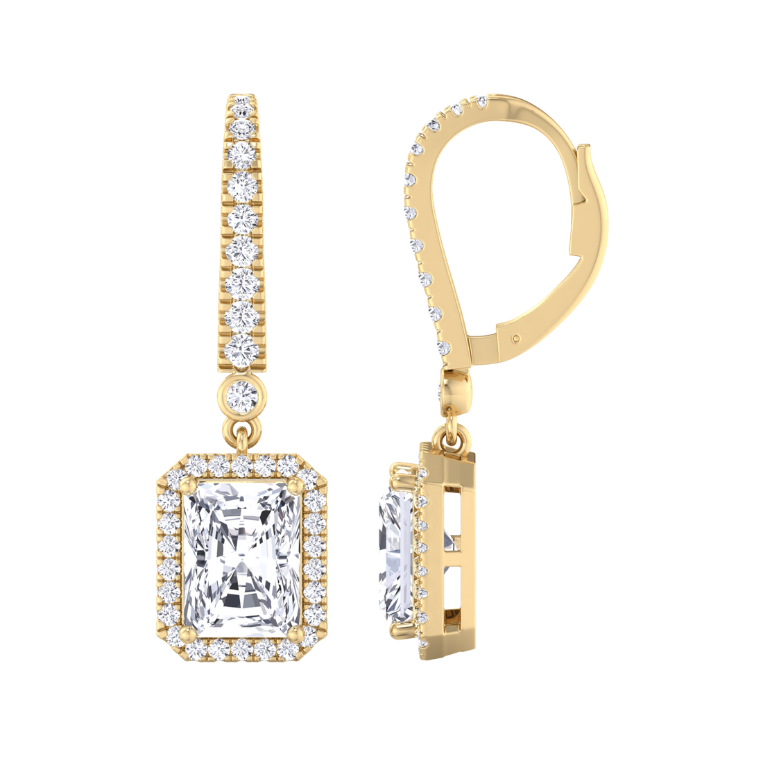 Emerald cut halo hoop earrings in 18 karat gold
